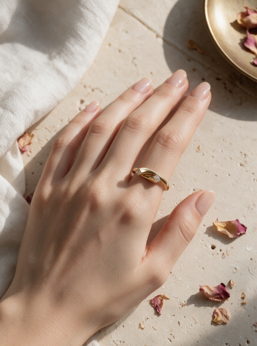 Tuck Ring in 18K gold vermeil on a hand resting on travertine scattered with rose petals