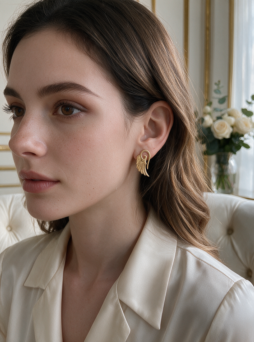 Model in a cream satin shirt wearing the Wing Hook Earrings in 18K gold vermeil