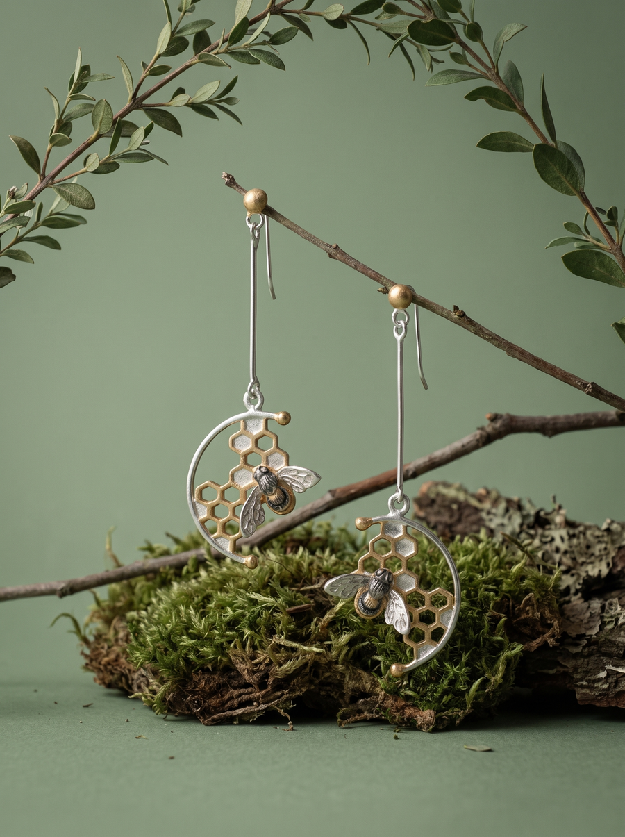 Honeybee Earrings in sterling silver and 18K gold vermeil hanging from a twig above moss