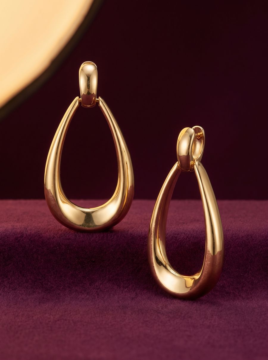 Teardrop Earrings in 18K gold vermeil, open polished teardrops on burgundy velvet
