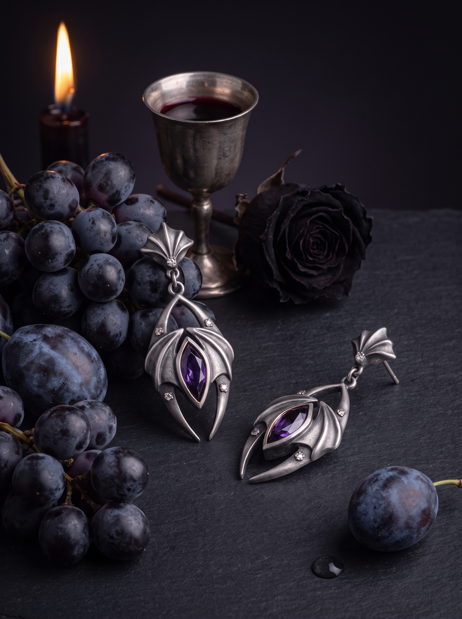 Nocturne Earrings in oxidised silver with purple stones among dark grapes, a pewter goblet and a black rose