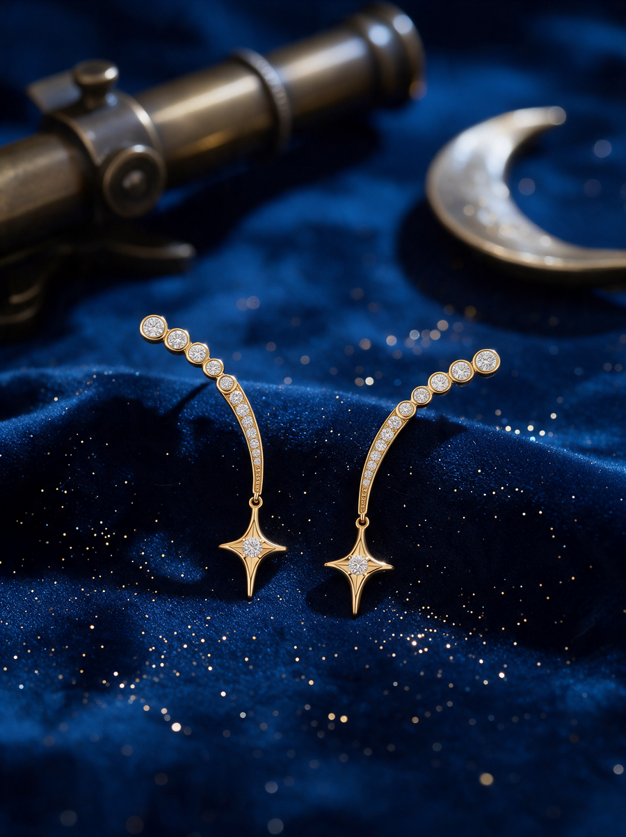 Shooting Star Earrings in 18K gold vermeil on starry navy velvet beside a brass telescope