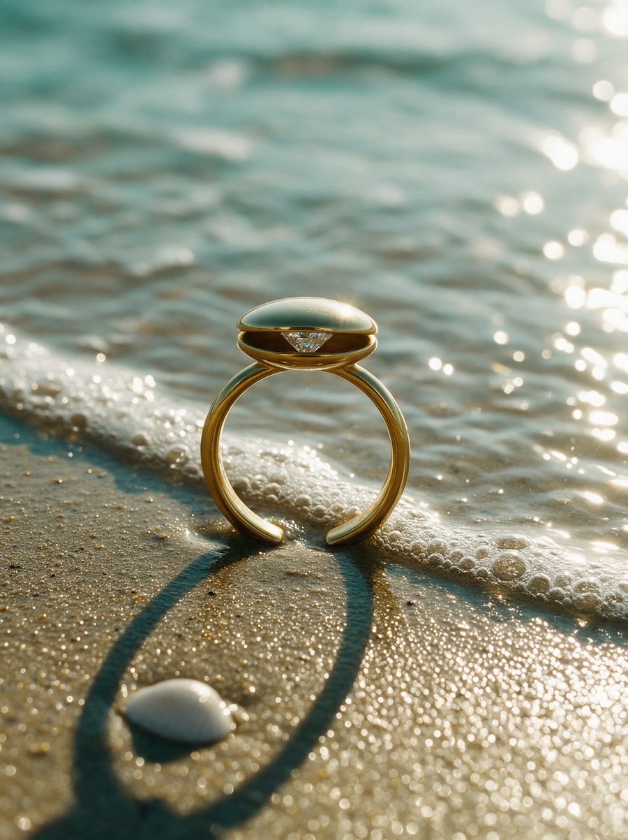 Hooded Ring in 18K gold vermeil standing on wet sand at the water's edge beside a small shell