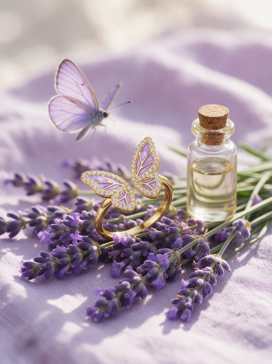 Lavender Butterfly Ring in 18K gold vermeil on lavender sprigs beside a small glass bottle