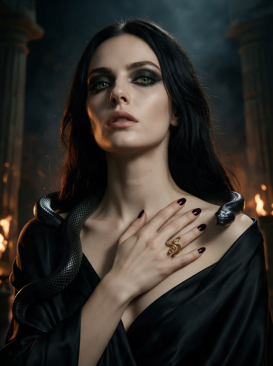 Model in black with a snake over her shoulders, wearing the Serpent Ring in 18K gold vermeil