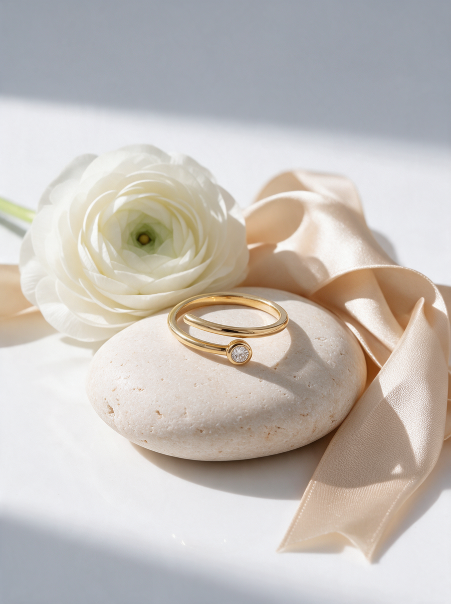 Coil Ring in 18K gold vermeil with a white stone on a pale pebble beside a white ranunculus and silk