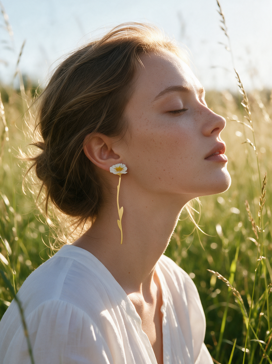 Daisy Stem Earrings worn, side profile in a summer meadow