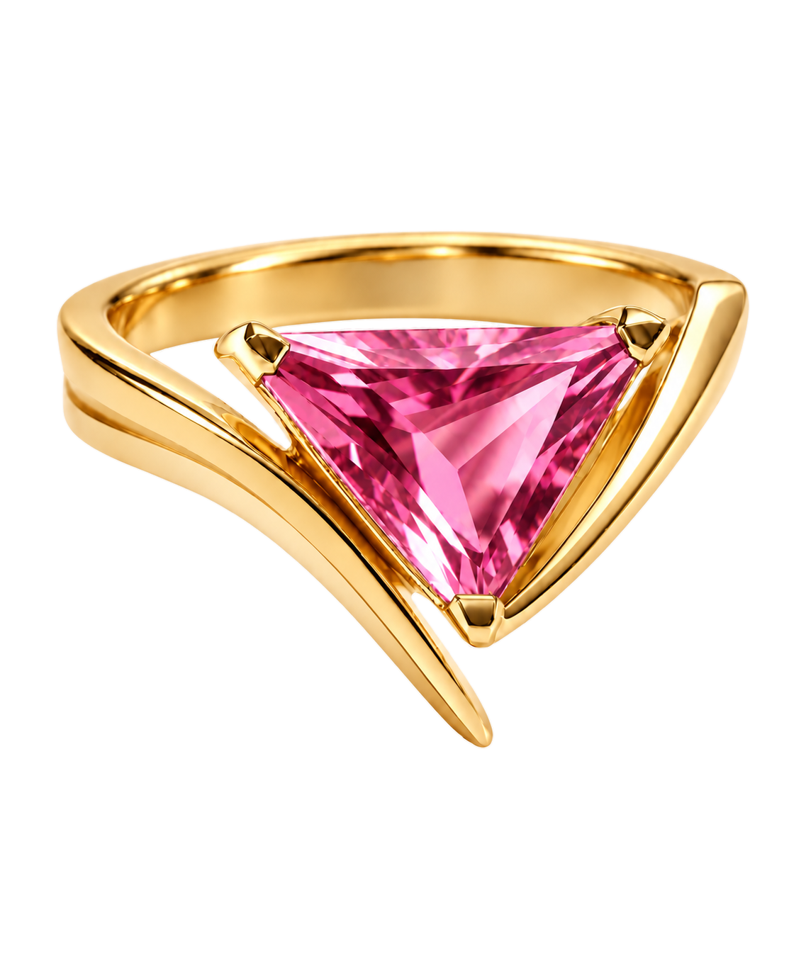 V-Ring in 18K gold vermeil with a pink triangle-cut stone on a chevron band