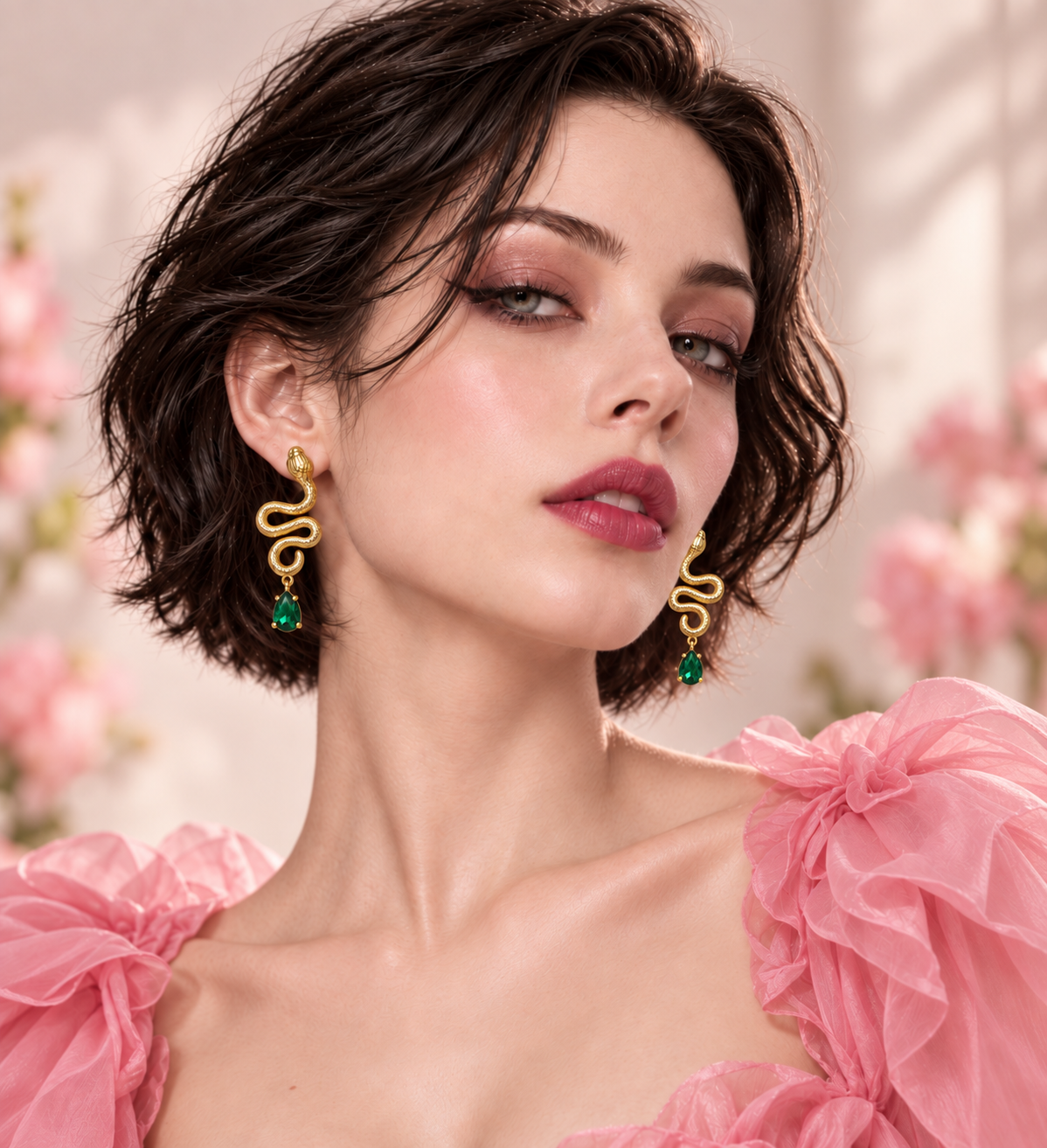 Model in a pink ruffled top wearing the Serpent Drop Earrings in 18K gold vermeil with green stones