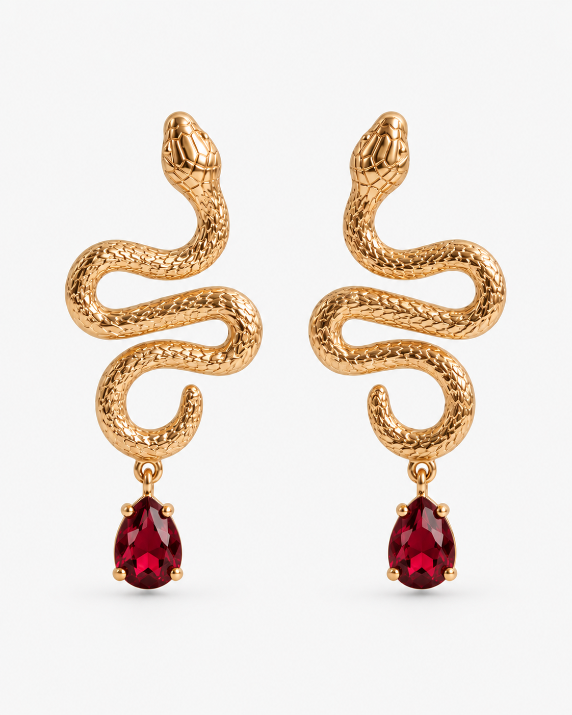 Serpent Drop Earrings in 18K gold vermeil: textured snakes ending in red teardrop stones