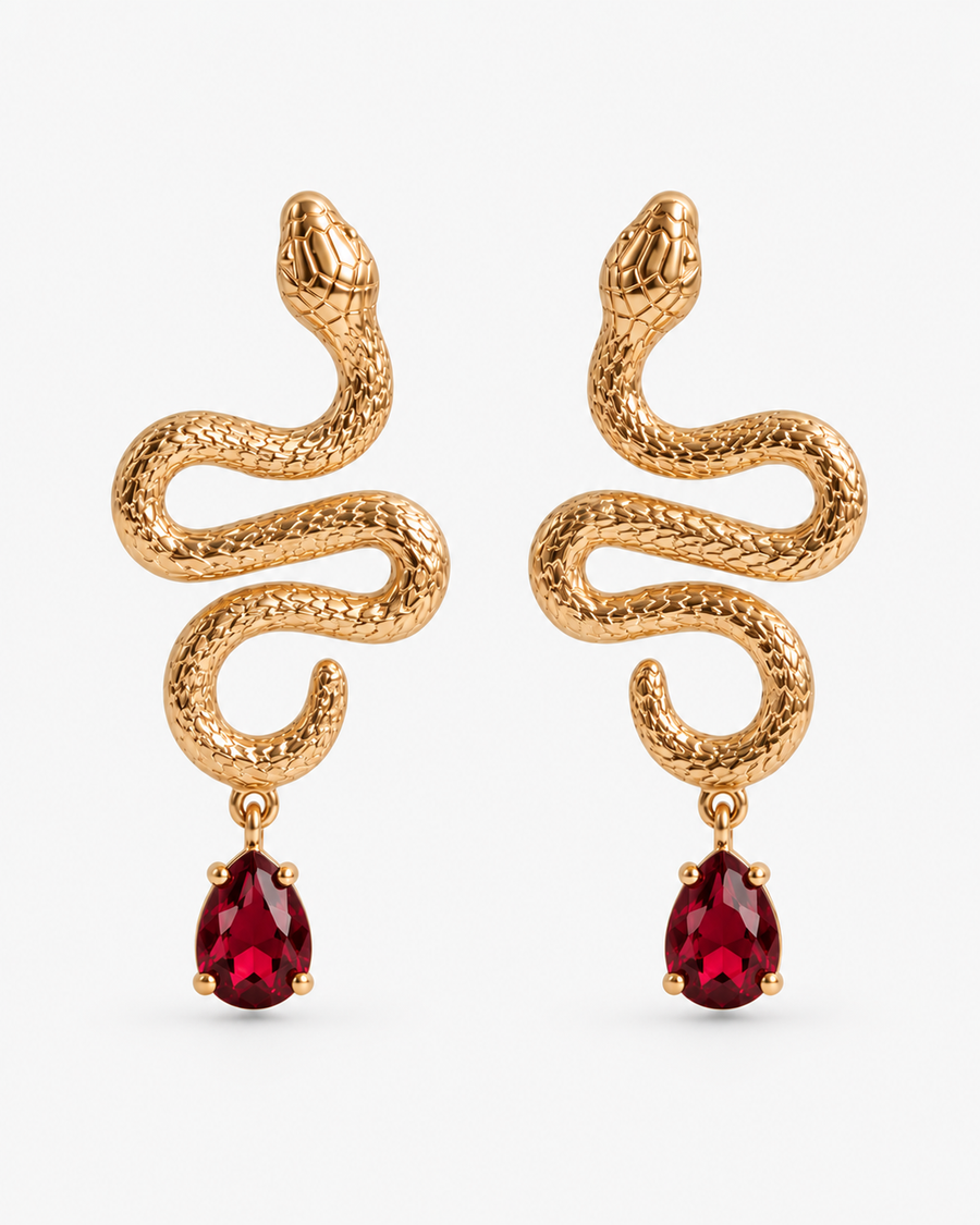 Serpent Drop Earrings in 18K gold vermeil: textured snakes ending in red teardrop stones