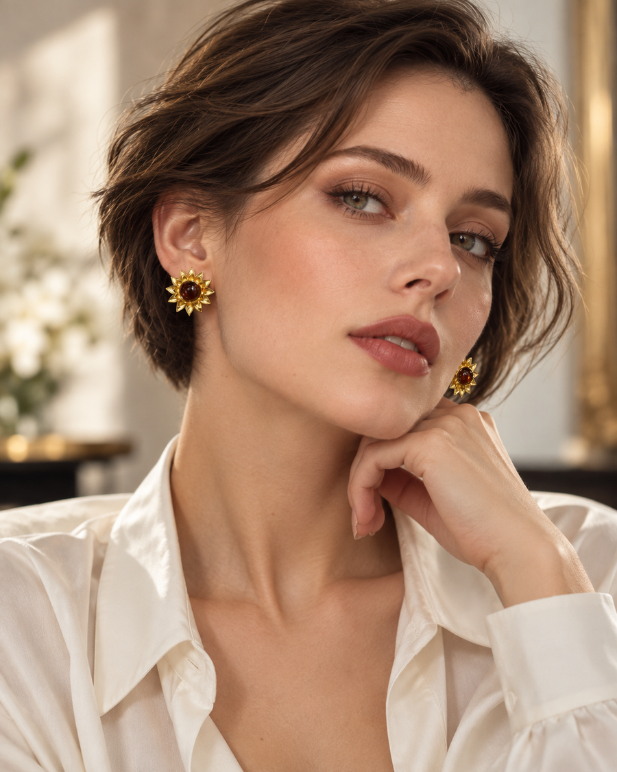 Model in a cream satin shirt wearing the Sunflower Studs in 18K gold vermeil