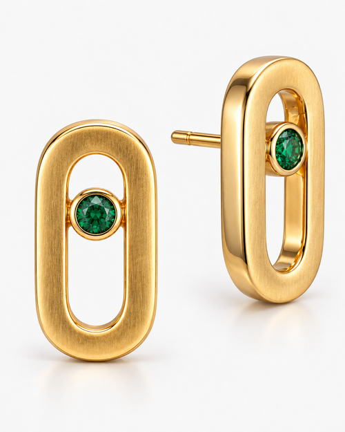 Bolt Studs in 18K gold vermeil: open oval links, each holding one green bezel-set stone