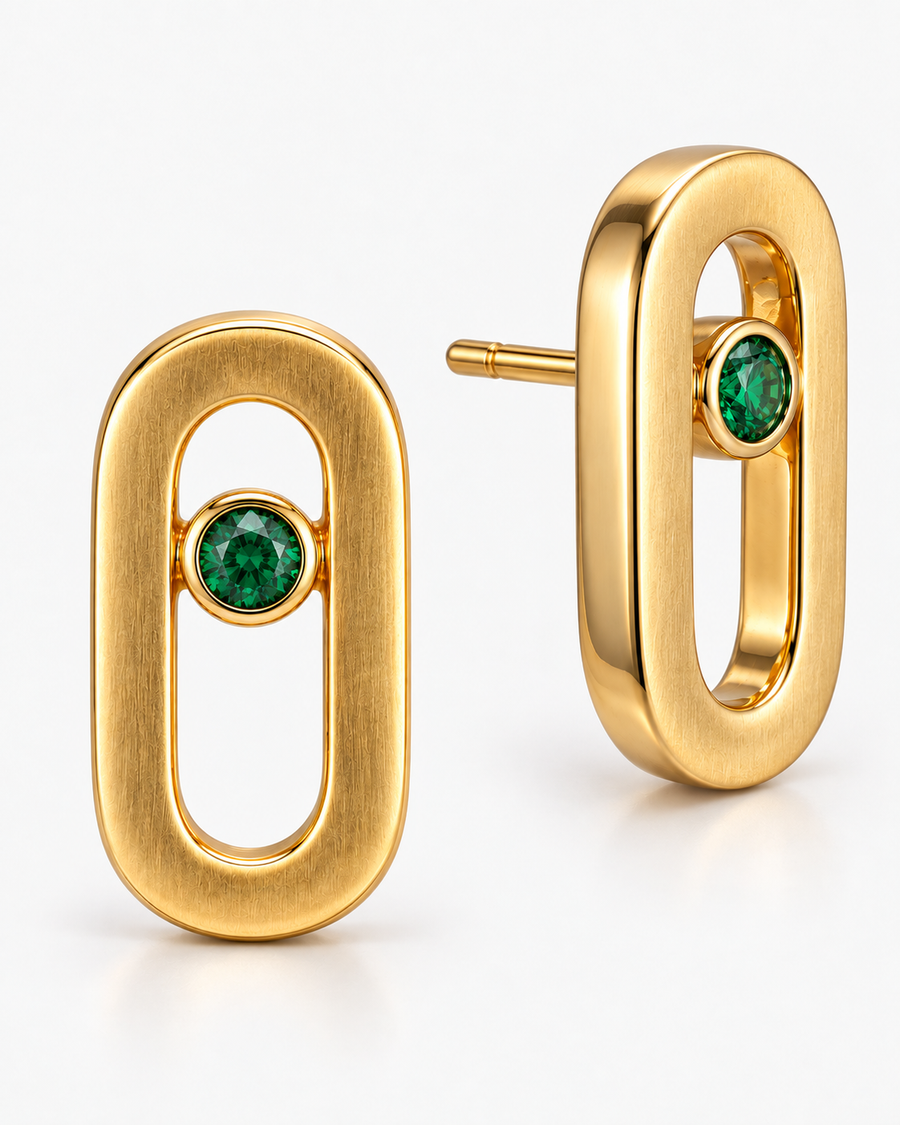 Bolt Studs in 18K gold vermeil: open oval links, each holding one green bezel-set stone
