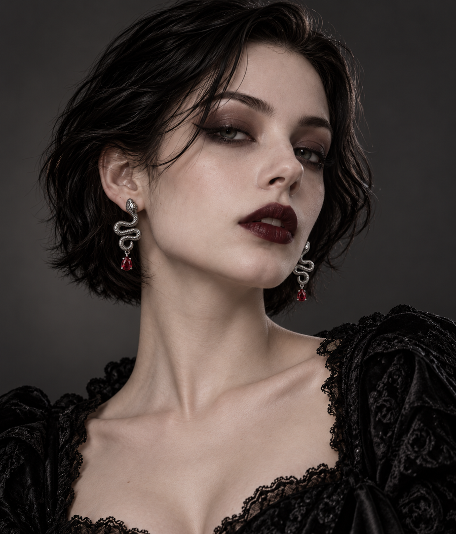 Model in black lace wearing the Serpent Drop Earrings in oxidised silver with red stones