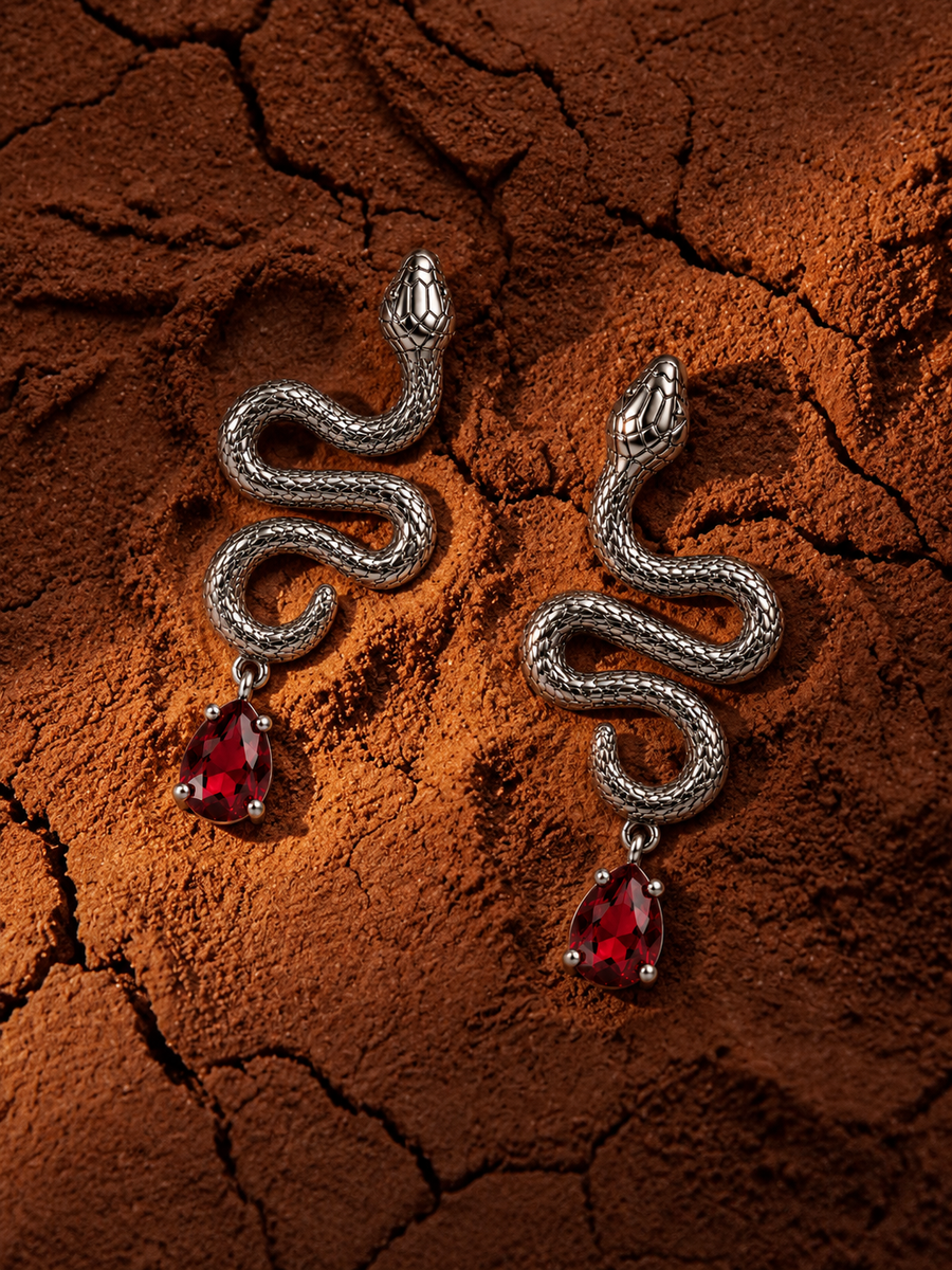 Serpent Drop Earrings in oxidised silver with red teardrop stones on cracked red earth