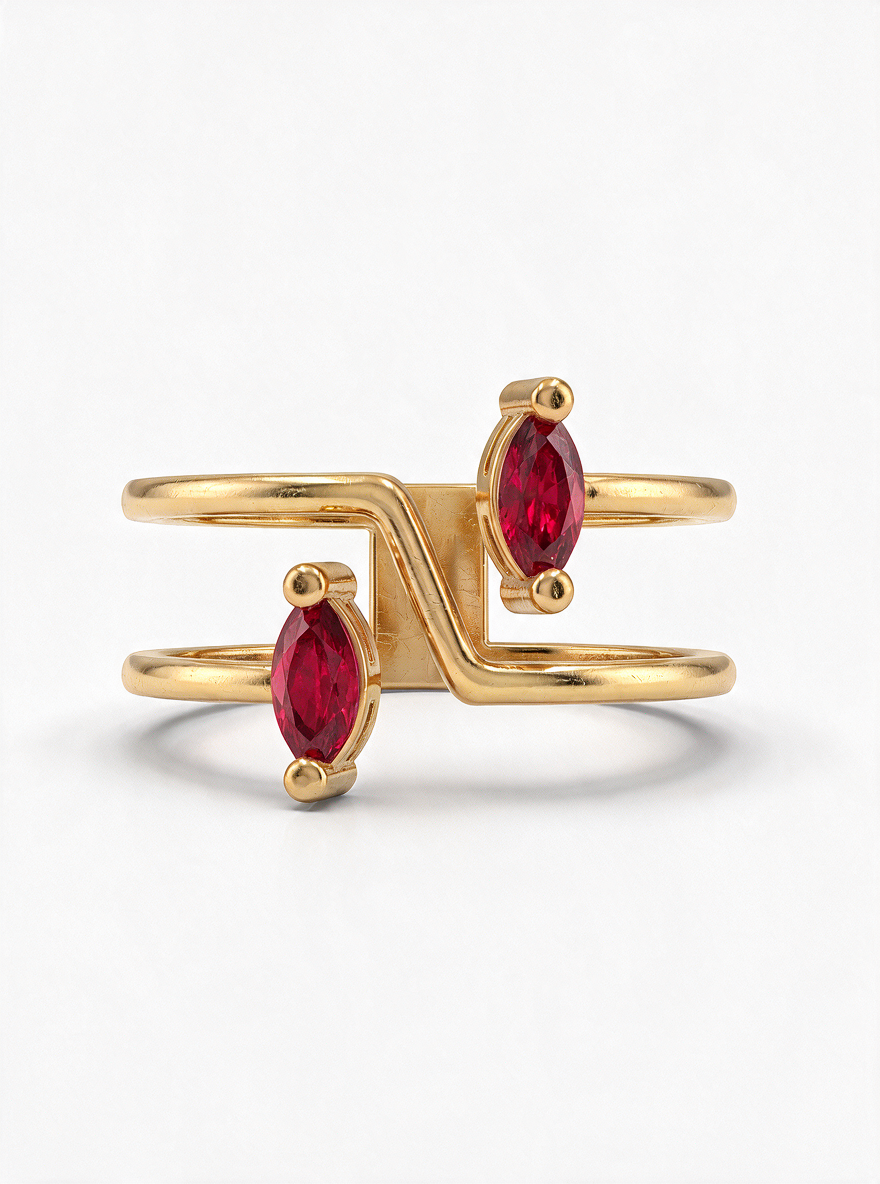 Switchback Ring in 18K gold vermeil: a zigzag band between two red marquise stones