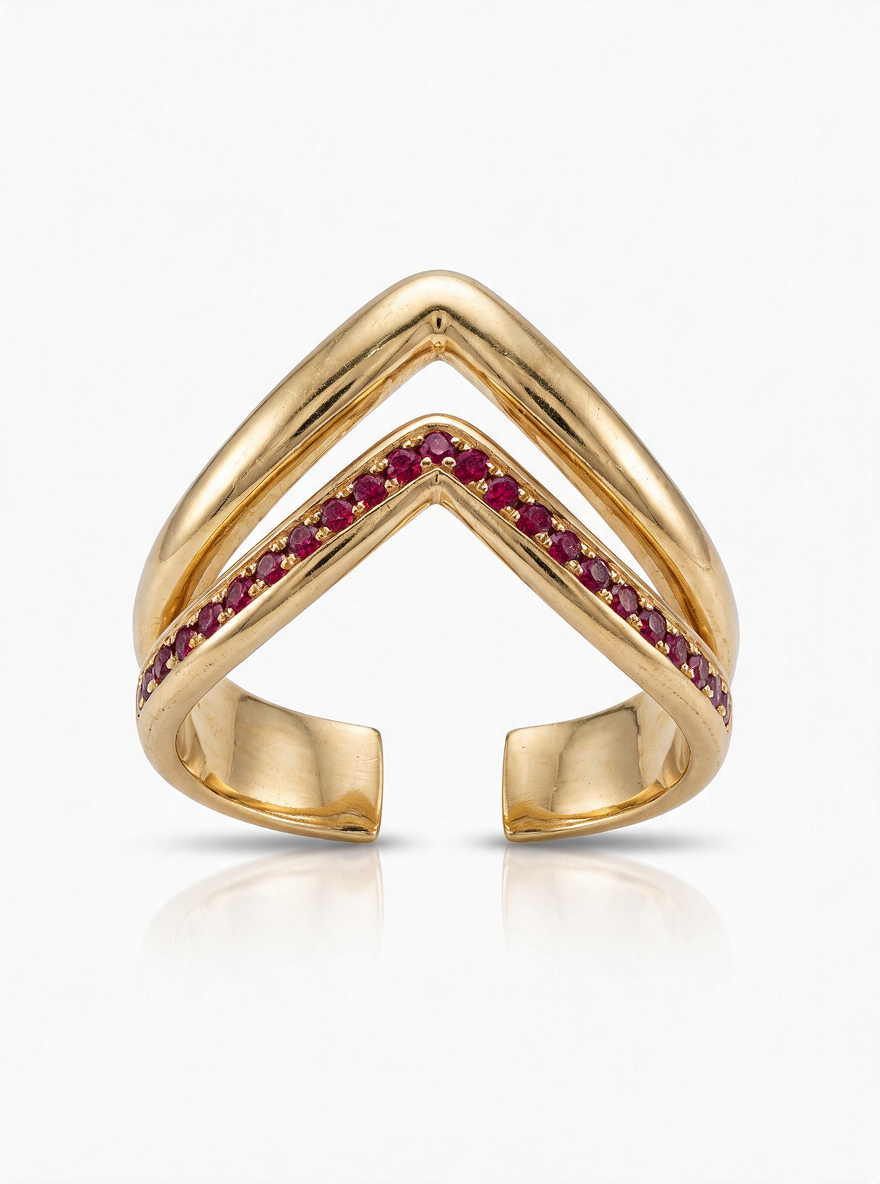 Peak Ring in 18K gold vermeil with a line of red pavé stones along its raised peak