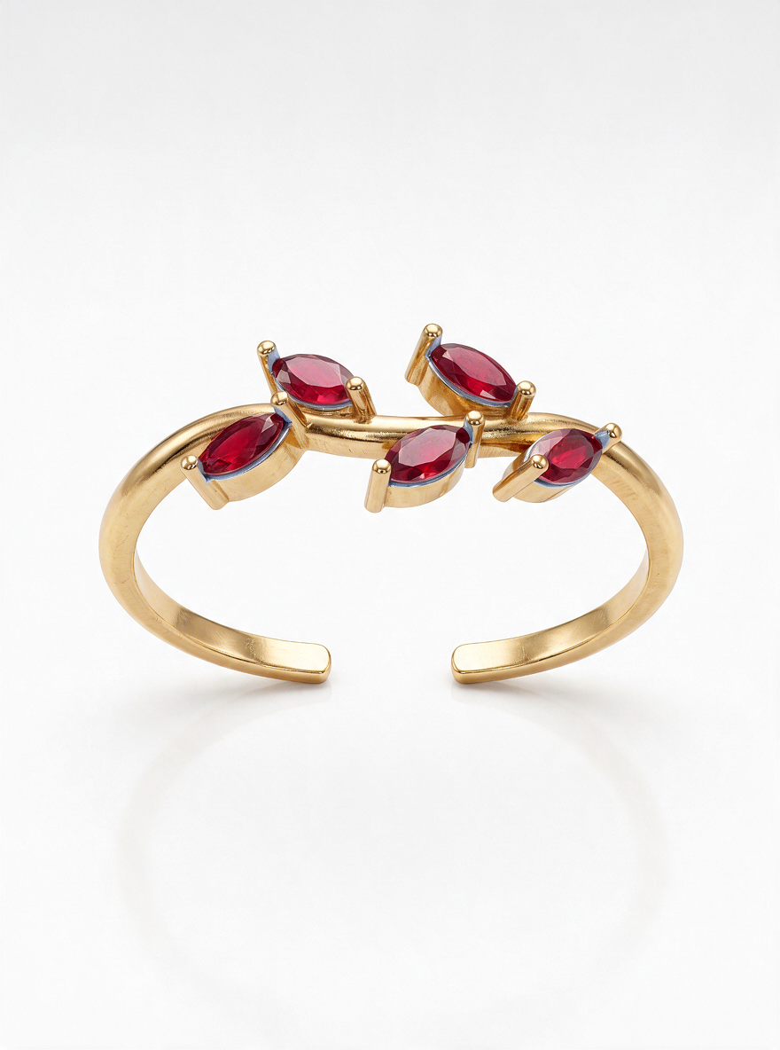 Laurel Ring in 18K gold vermeil with red marquise stones set like leaves along the band
