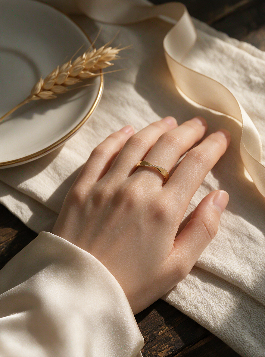 Twisted Band Ring in 18K gold vermeil on a hand resting on linen beside a wheat stem