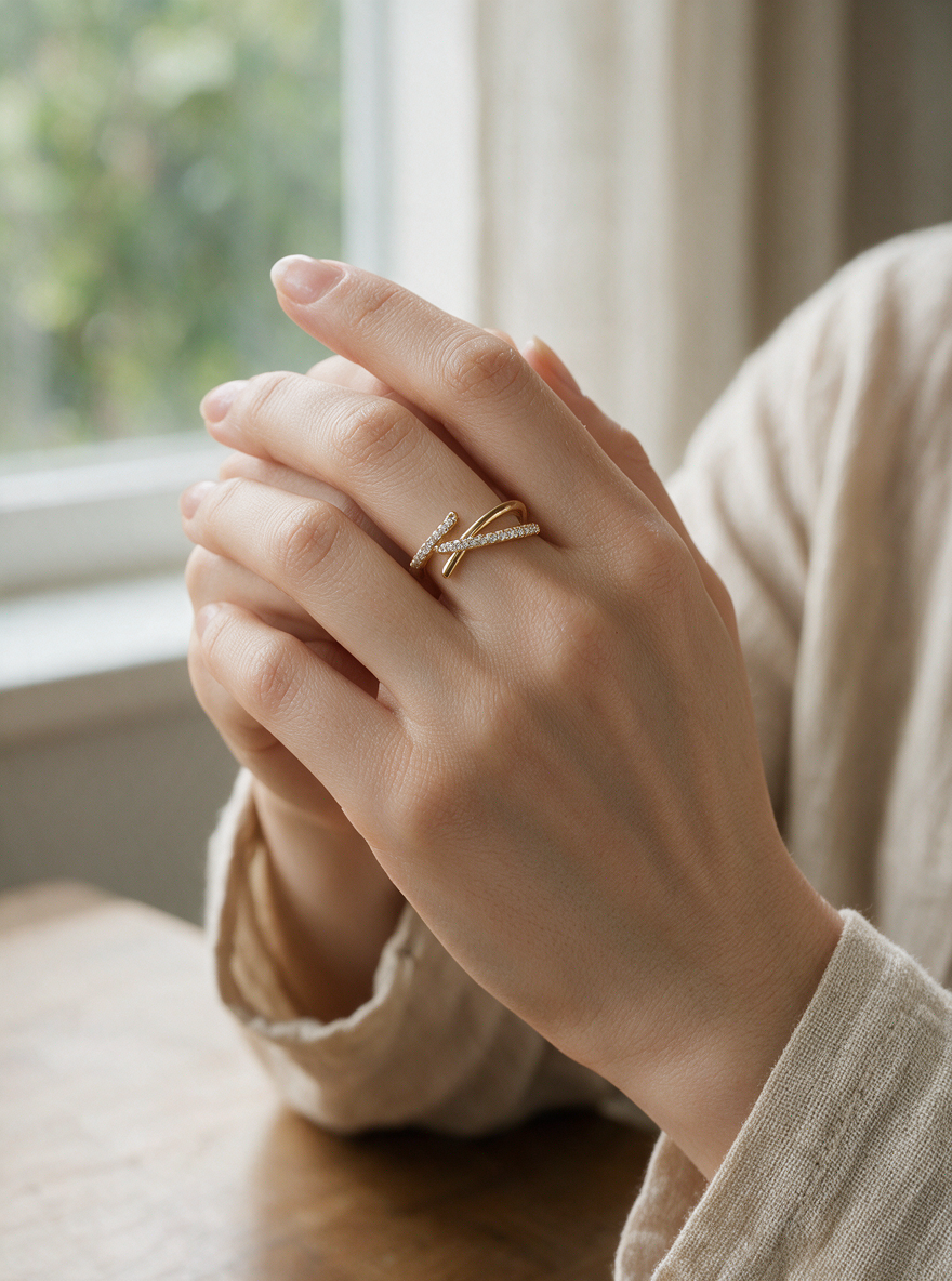 Tangent Ring in 18K gold vermeil on clasped hands by a sunlit window