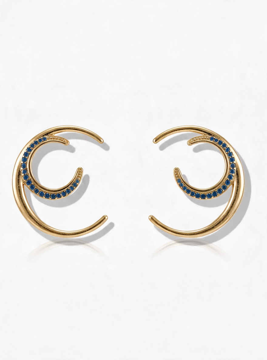 Crescent Moon Hoops in 18K gold vermeil with blue stones set along each crescent