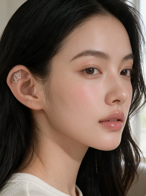 Model wearing the Cobweb Ear Cuff in sterling silver high on the ear, hair tucked back