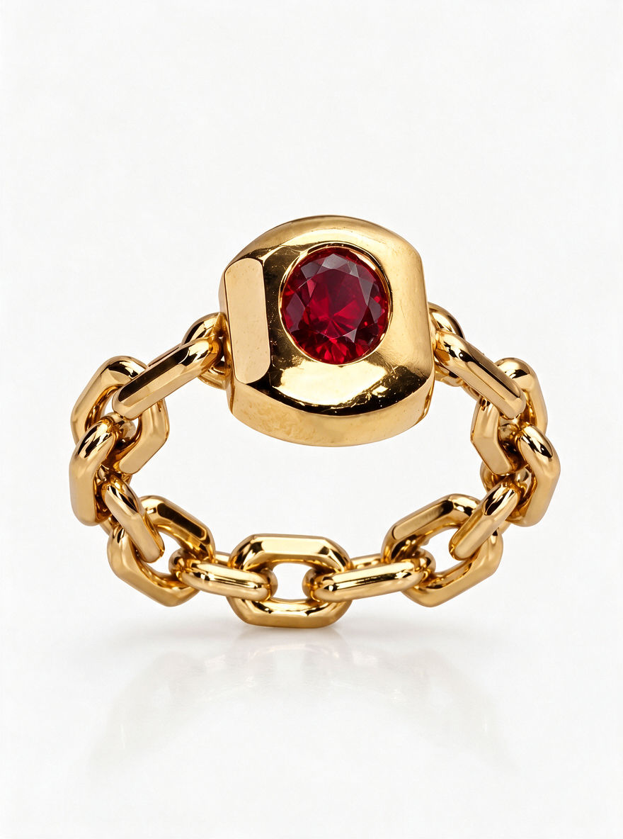 Chain Ring in 18K gold vermeil with a red bezel-set stone on a chain-link band