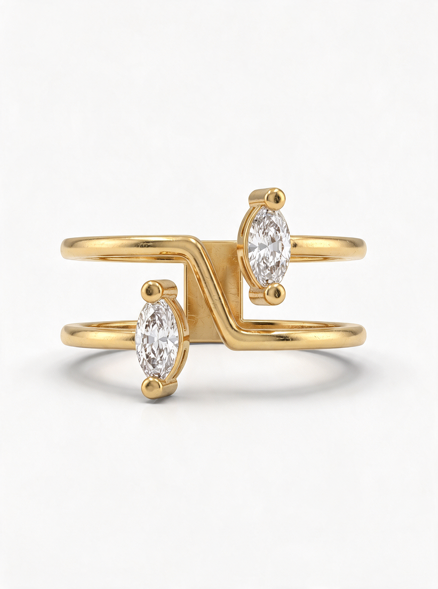 Switchback Ring in 18K gold vermeil: a zigzag band between two white marquise stones