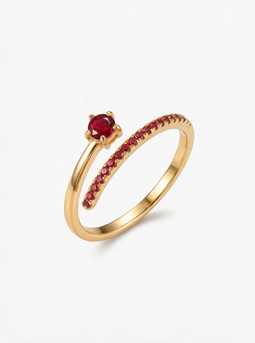 Comet Ring in 18K gold vermeil with a red stone leading a red pavé trail
