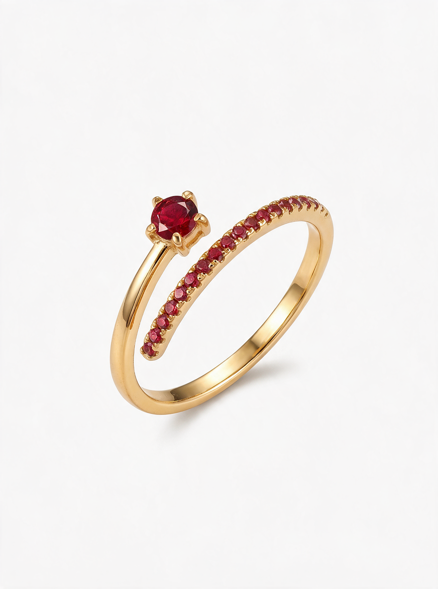 Comet Ring in 18K gold vermeil with a red stone leading a red pavé trail