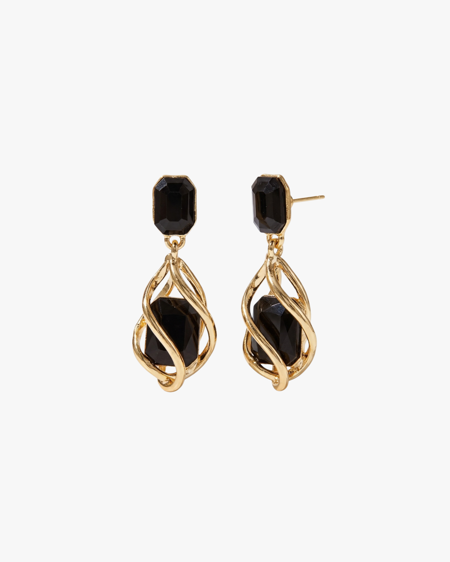 Black Wrap Earrings in 18K gold vermeil: twisted metal wrapped around a large faceted black stone