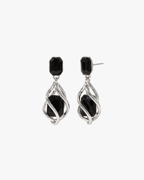 Black Wrap Earrings in sterling silver: twisted metal wrapped around a large faceted black stone