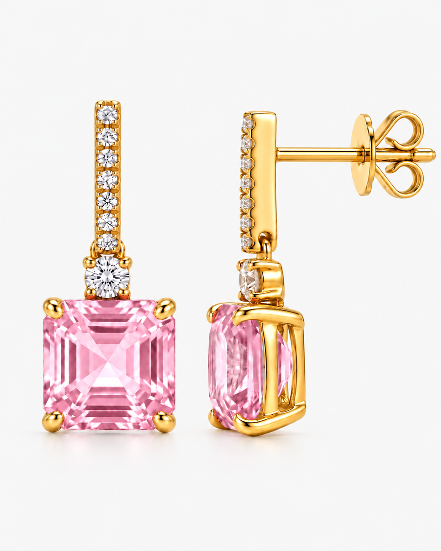 Ice Drop Earrings in 18K gold vermeil with light pink square-cut stones hanging from stone-set bars