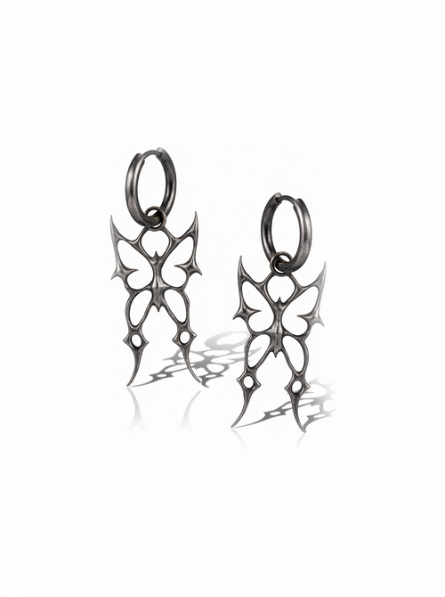 Barbed Butterfly Earrings in oxidised silver: butterfly silhouettes with barbed, jagged wings