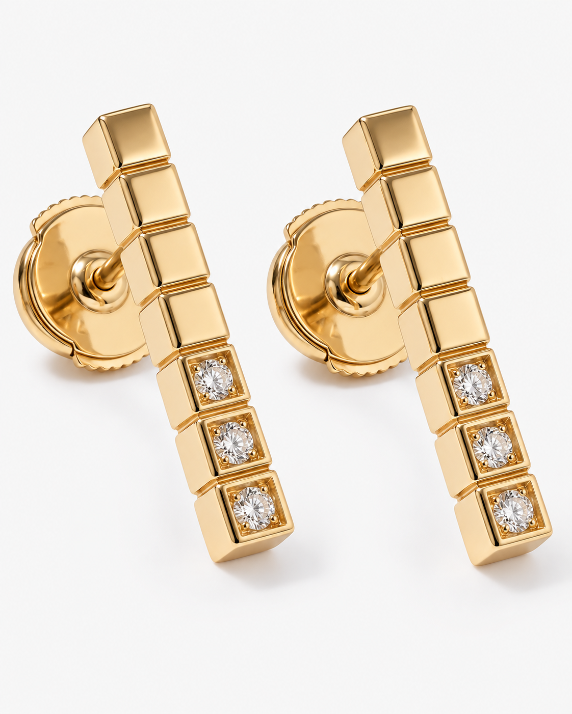Stacked Cube Earrings in 18K gold vermeil: a bar of seven stacked cubes, the lower three each set with a white stone