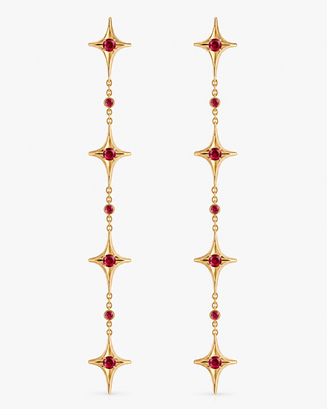 Star Chain Earrings in 18K gold vermeil: four-point stars and red stones on a fine chain