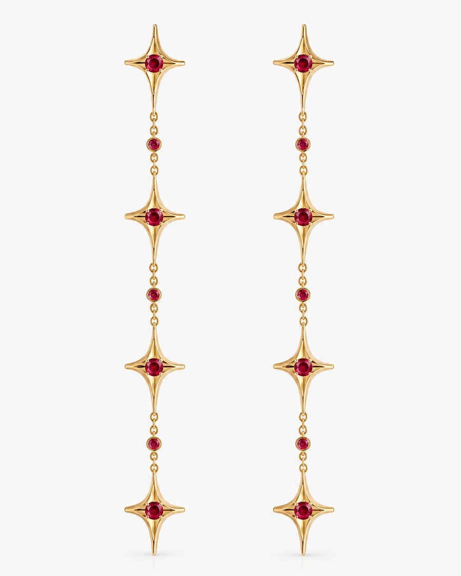 Star Chain Earrings in 18K gold vermeil: four-point stars and red stones on a fine chain