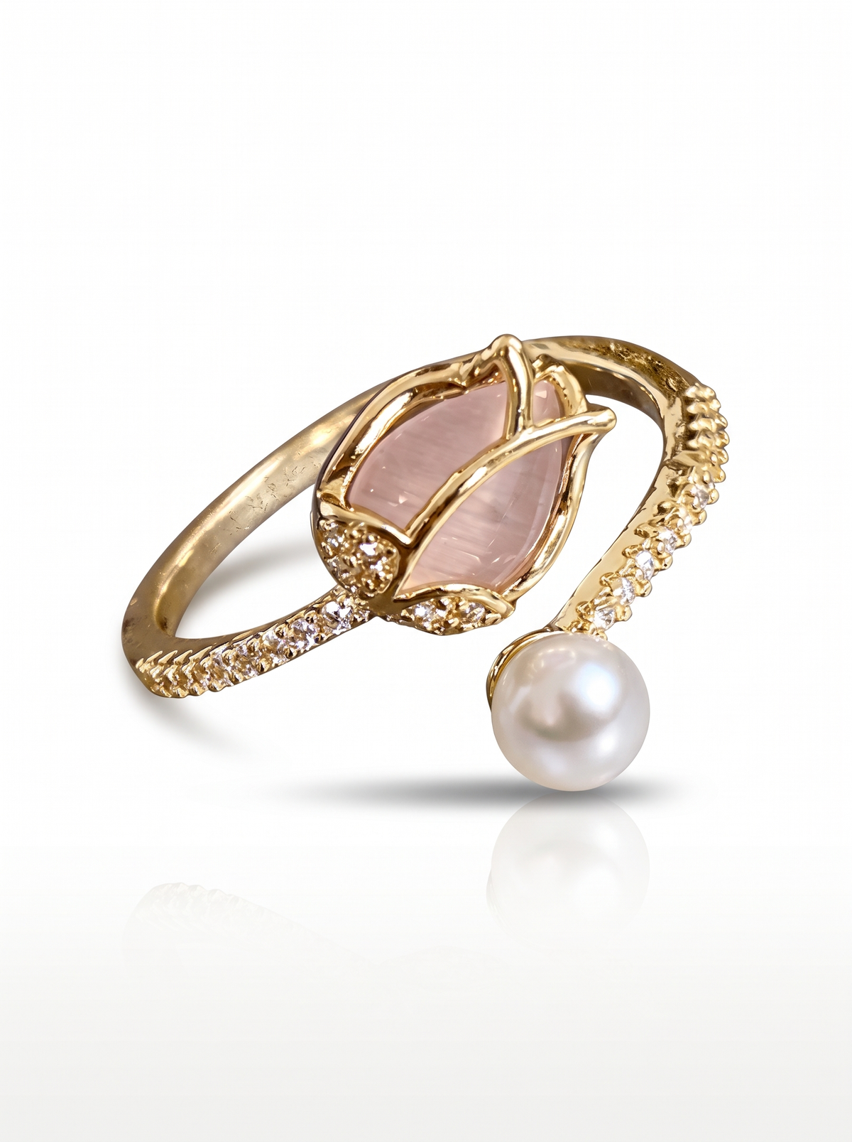 Calyx Ring, gold-tone, with a pale pink bud-shaped stone, a pearl drop and pavé-lined open edges