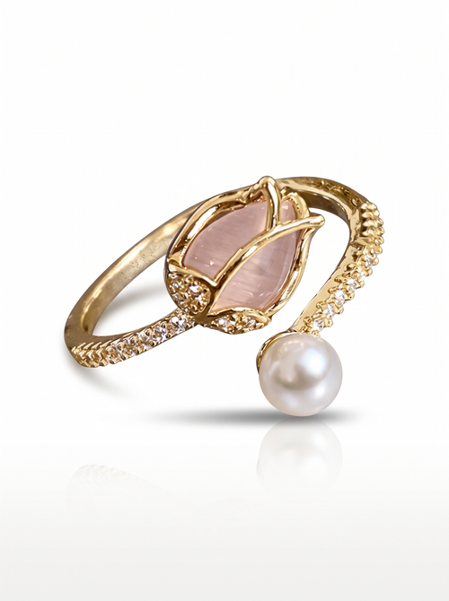 Calyx Ring, gold-tone, with a pale pink bud-shaped stone, a pearl drop and pavé-lined open edges