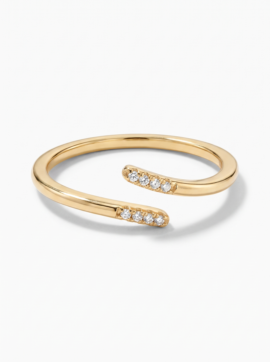 Parallel Ring in 18K gold vermeil with white stones, seen from the front on a white background