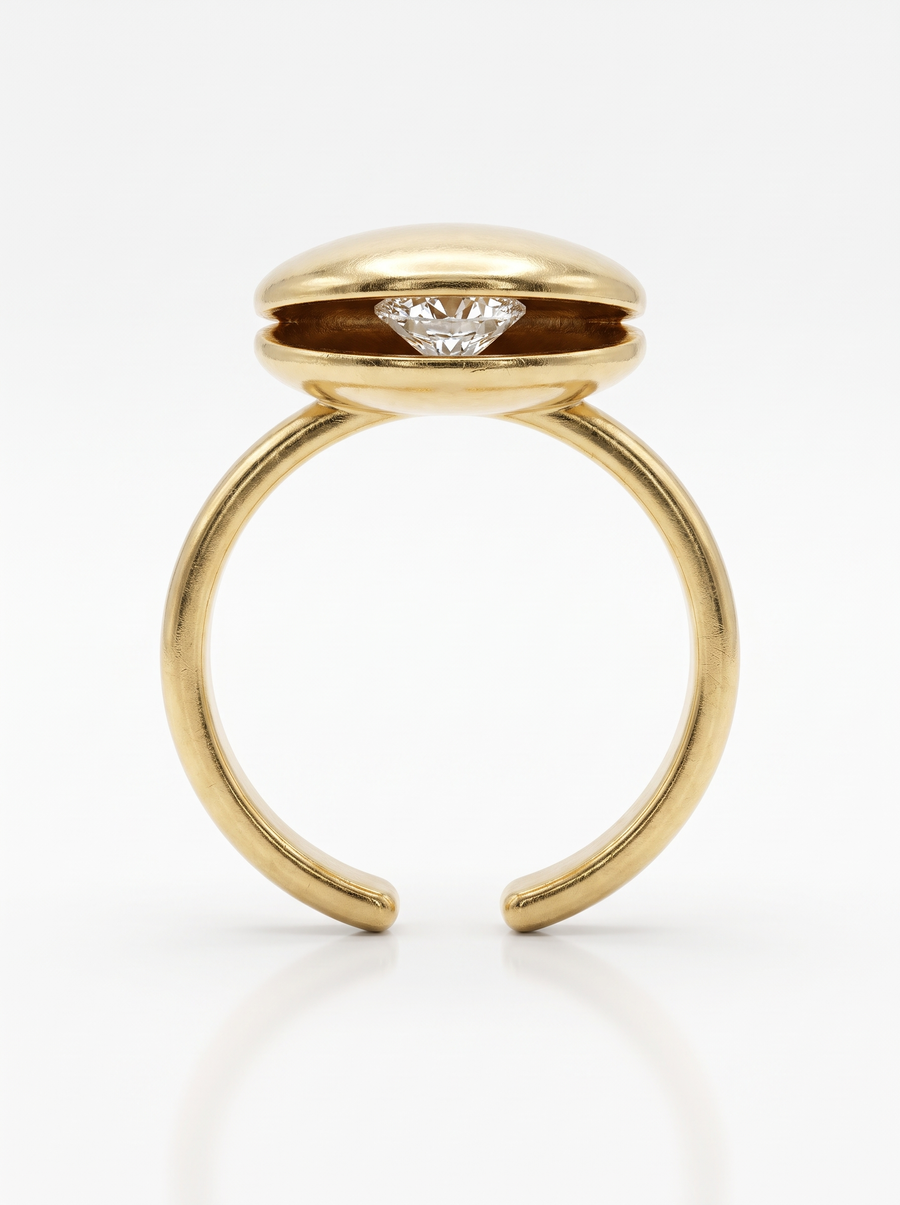 Hooded Ring in 18K gold vermeil: a polished dome sheltering a stone, open at the back to fit