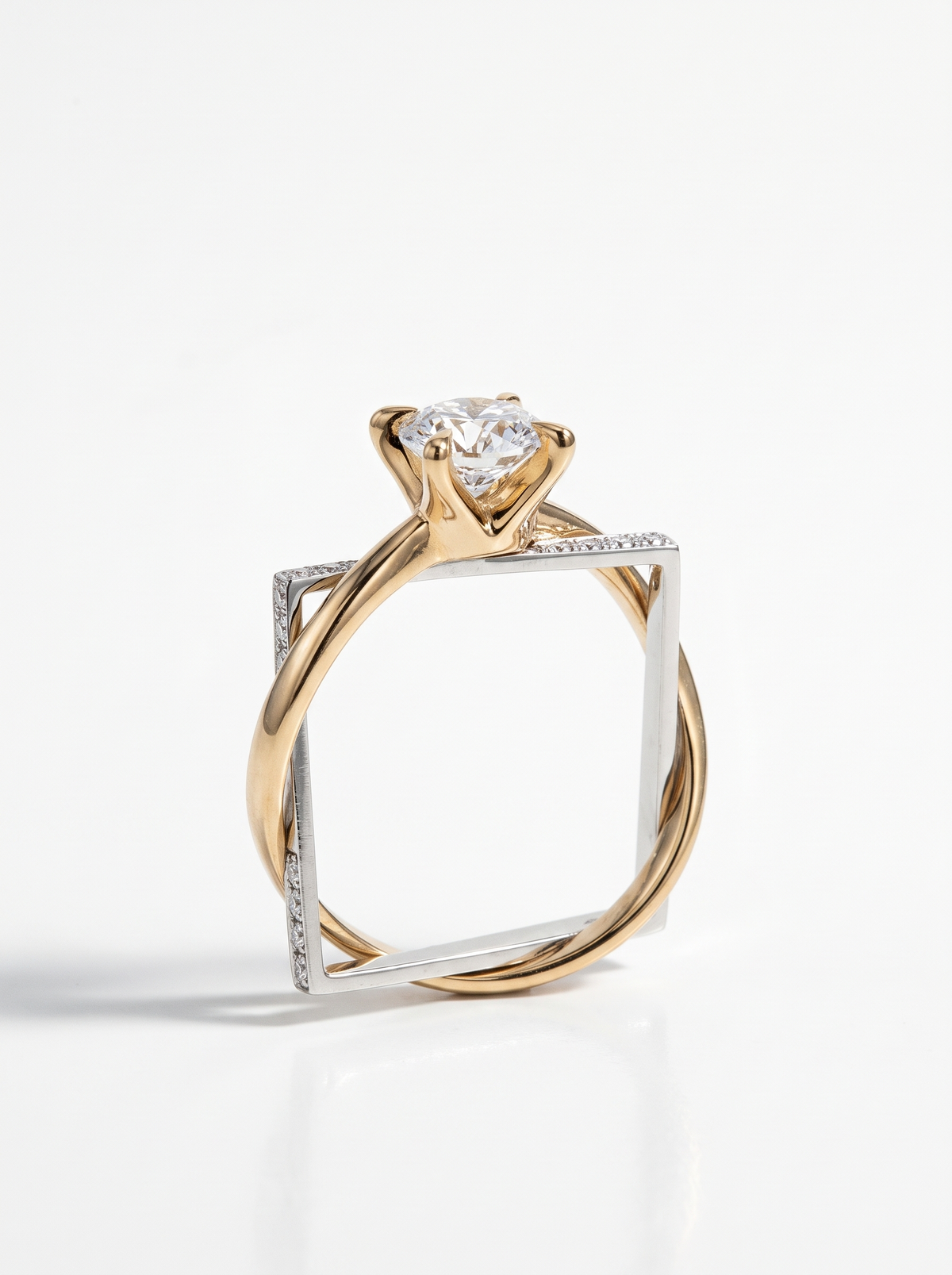 Twin Band Ring in two-tone gold and silver: a square band and a solitaire band worn as one
