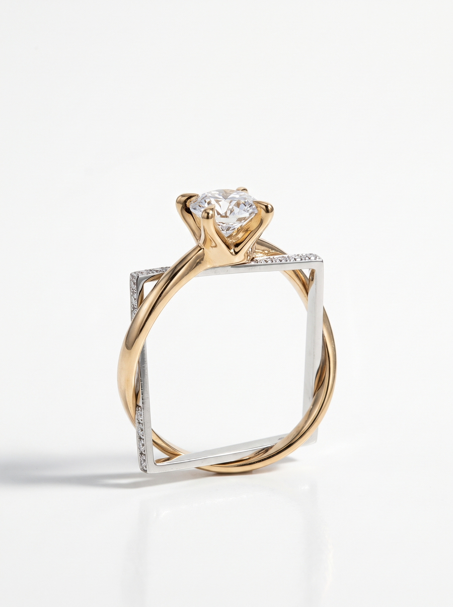 Twin Band Ring in two-tone gold and silver: a square band and a solitaire band worn as one