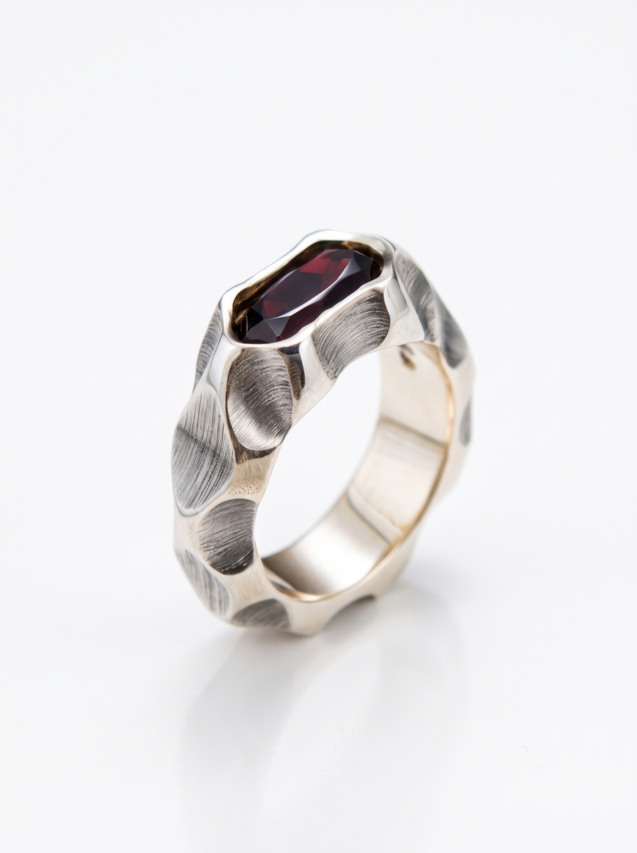 Faceted Ring in oxidised silver: a chunky band cut into flat, light-catching facets