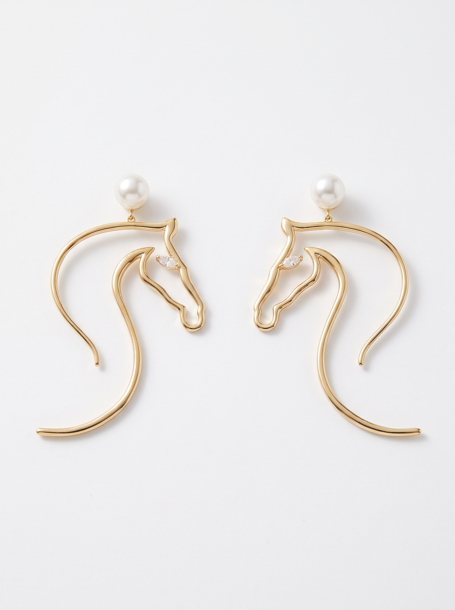 Horse Earrings in 18K gold vermeil: a horse head drawn in one unbroken line of metal