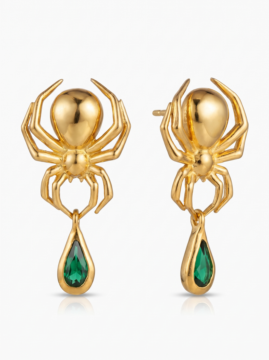 Spider Earrings in 18K gold vermeil, each spider holding a green teardrop stone