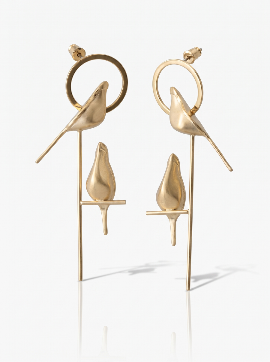 Perch Earrings in 18K gold vermeil: a small bird perched on a branch set inside a hoop