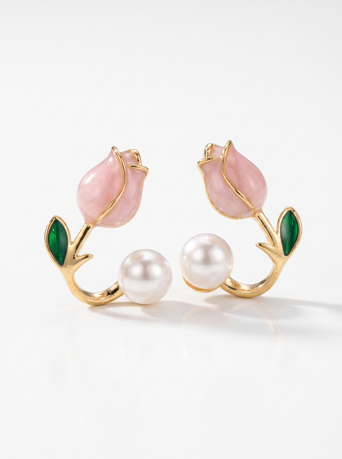 Tulip Pearl Earrings, gold-tone, with pink enamel tulips, green enamel leaves and pearls