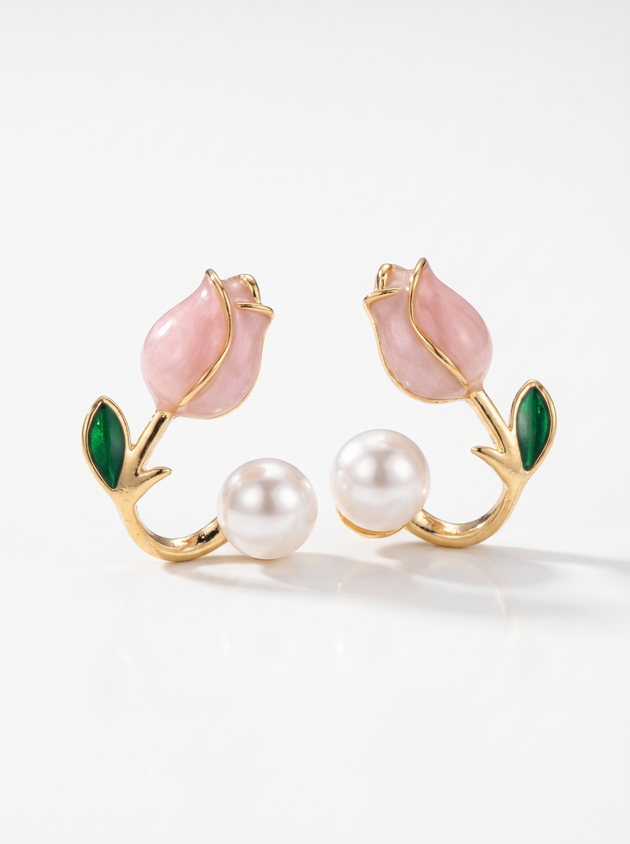 Tulip Pearl Earrings, gold-tone, with pink enamel tulips, green enamel leaves and pearls